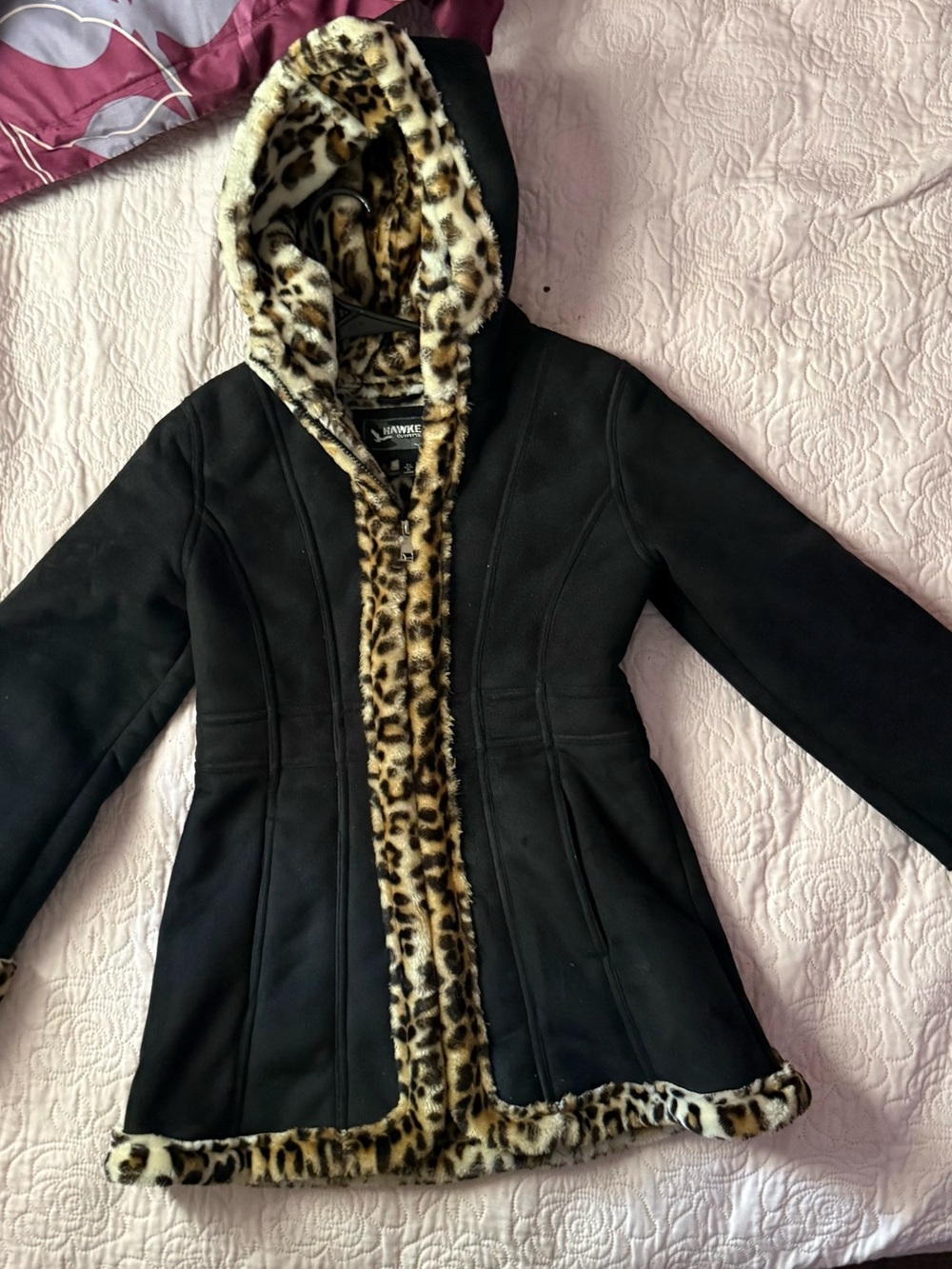 Hawke & Co Black Trench Coat with Leopard-Print Faux Fur Trim